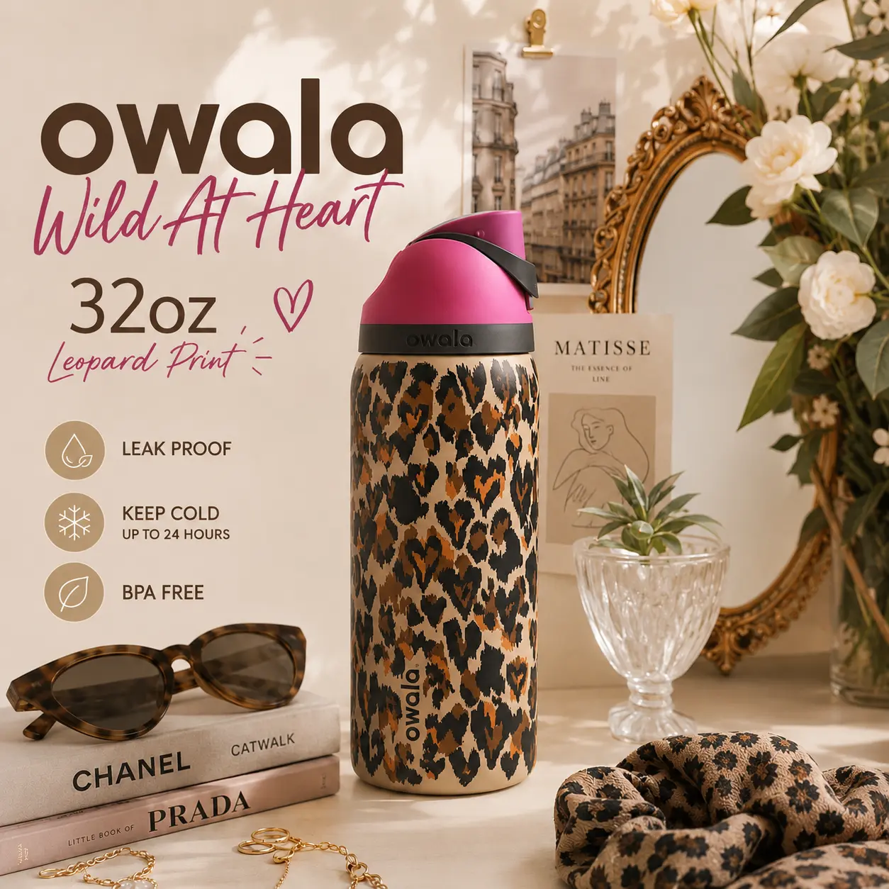 Owala Wild At Heart 32oz FreeSip Water Bottle – Leopard Print Insulated Stainless Steel Bottle with Straw and Carry Loop