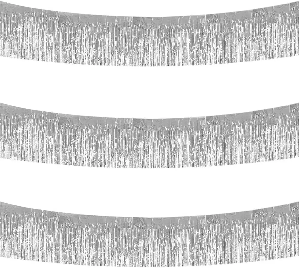 Metallic Foil Fringe Garland Tinsel Streamers - 3 Packs 30ft Shiny Silver Wall Hanging Banners for Wedding, Christmas Party Decorations (Home & Festive Supplies)