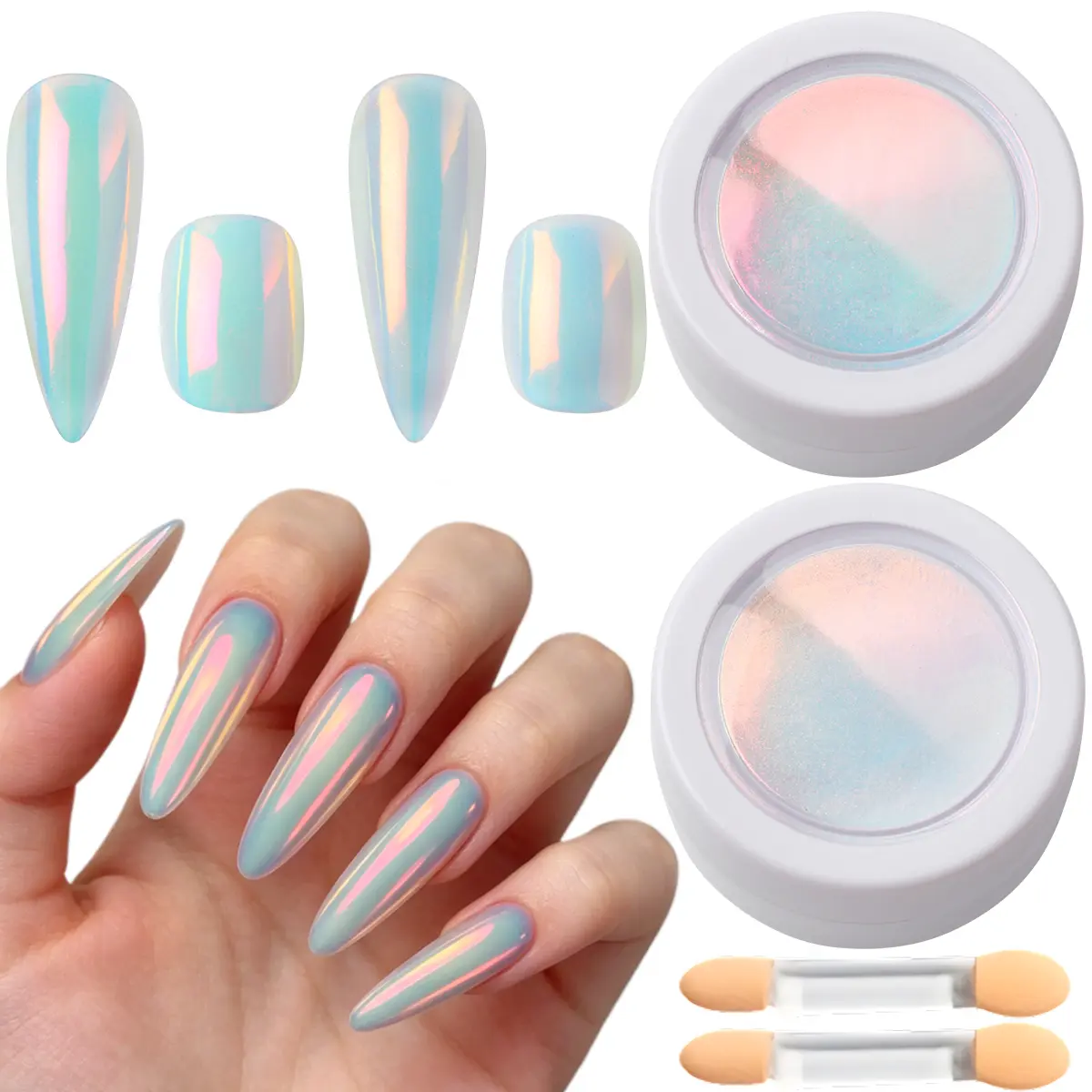 2 Bottles Neon Aurora Chrome Nail Powder - Beginner Friendly, High Gloss Mirror, Mermaid Aurora Glitter, Dual Usage Scenarios for Home DIY/Festive Design, Daily Wear Decoration for Salon Manicure