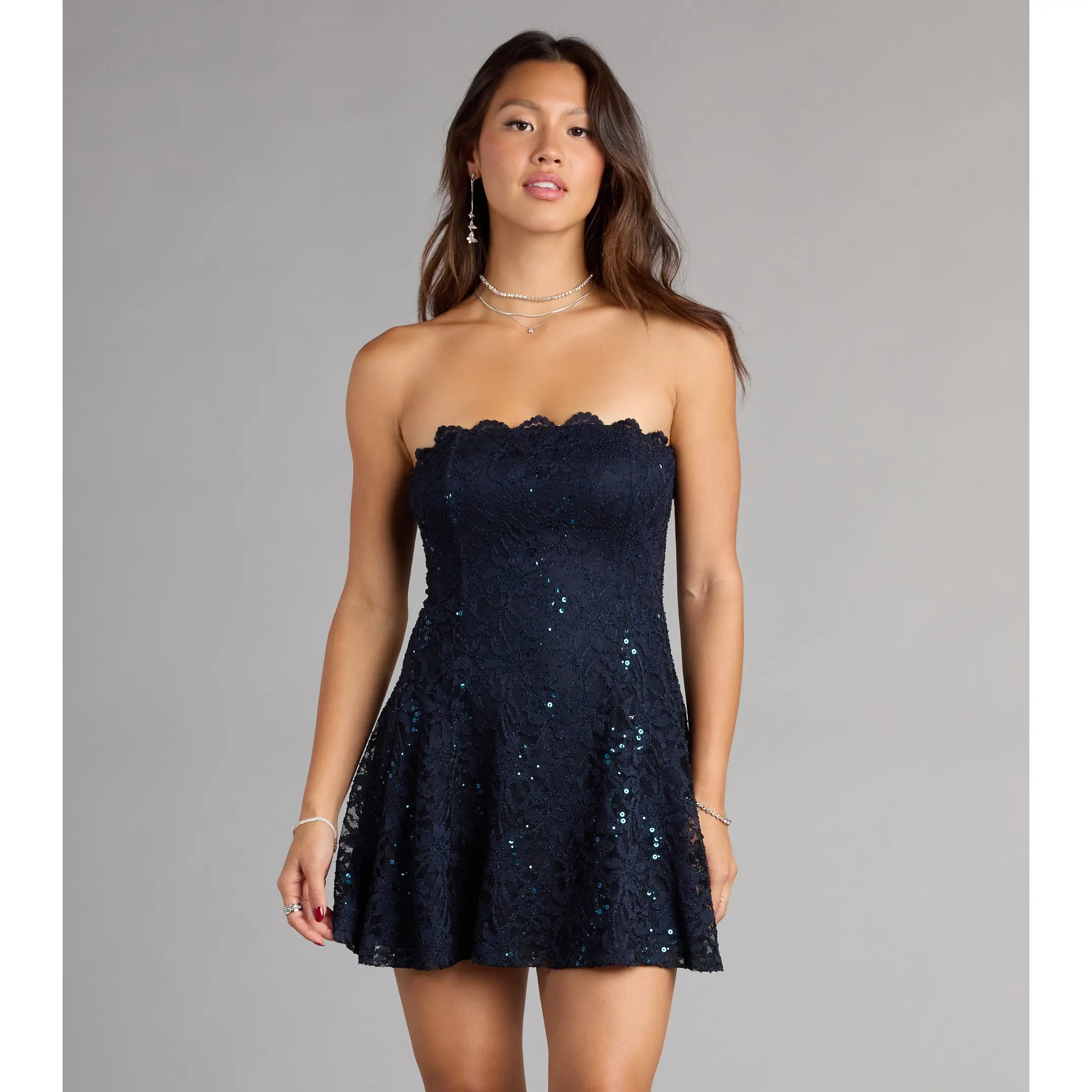 knee length dresses for ladies Ava & Yelly Mock Neck Lace Skater Dress - Blue main image 1
