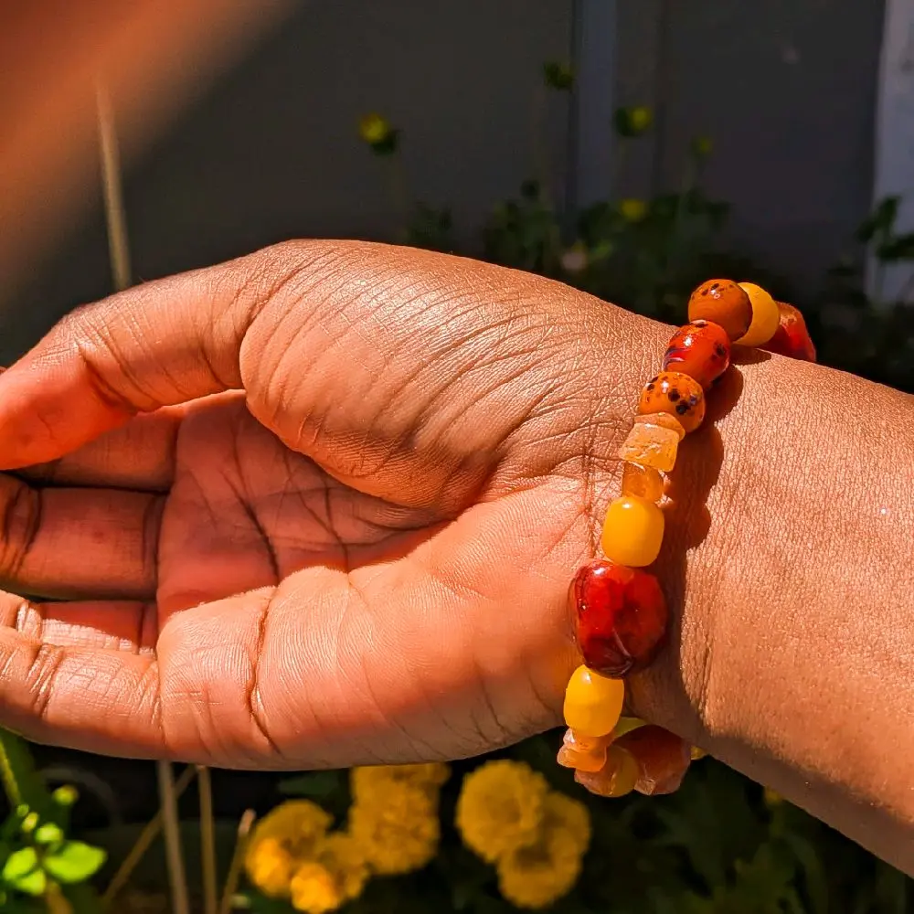 TUNU - CALM: An Afro-centric Amber Beaded Bracelet for Calm, Stability, Nourishment, and Good Luck; Amber Gemstone, Fossilized Natural Crystals; Spiritual Talisman Jewelry For Good Fortune; Sacral Chakra Healing Jewelry; Spiritual Adornment for Any Gender