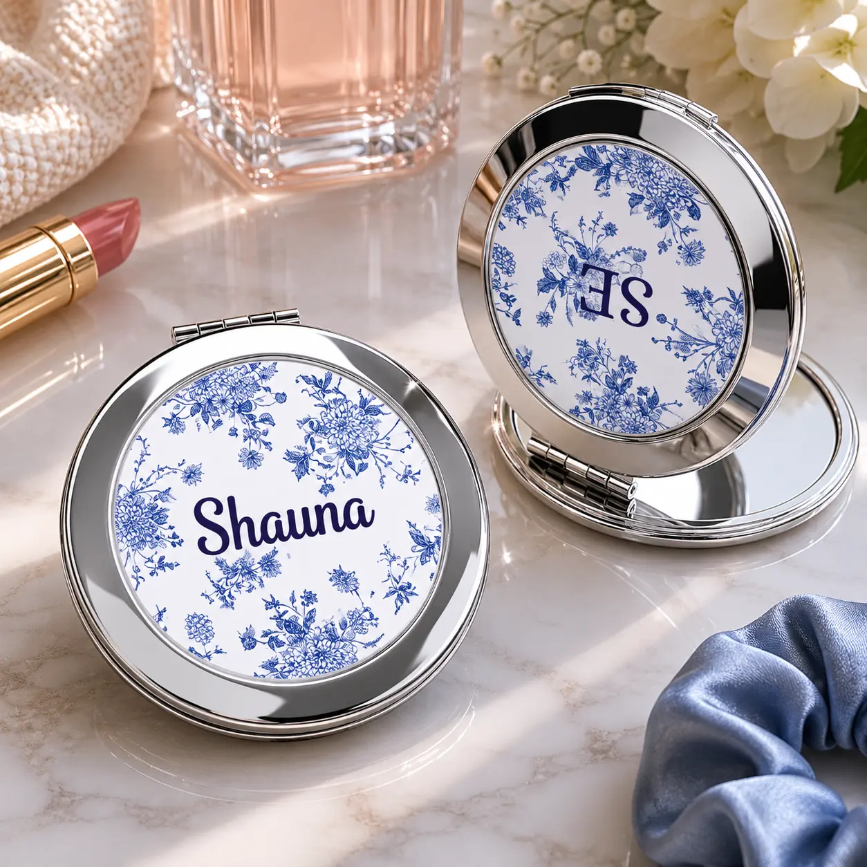 Blue Toile Floral Name Monogram Compact Travel Mirror