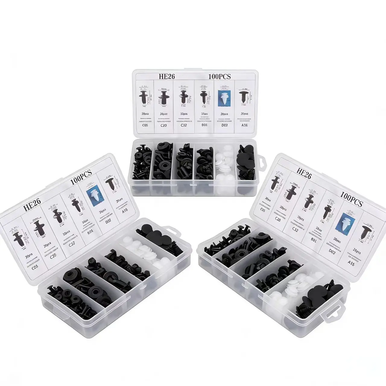 300PCS HE26 Universal Automotive Expansion Screw Clip Kit, Car Fasteners for Mudguard, Leaf Plates, Door Panel, Compatible with C05, C20, C32, B01, D02, A16 Car Accessories, Car Clip Kit