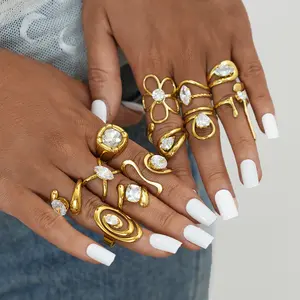 1pc 18K Gold Plated Geometric Line Zircon Open Ring for Women, Stainless Steel Adjustable Stackable Trendy Minimalist Statement Jewelry, Elegant Chic Birthday Holiday Anniversary Gift for Girlfriend Sister Bestie Gold-Plated Striped Couple Stacking