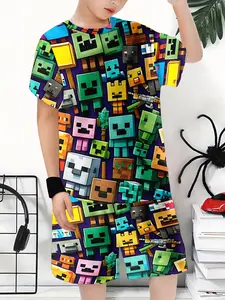 3D Digital Print Summer Set, Boy's Minecraft Character Full Print Short Sleeve, Pixel Style Cartoon Kids Casual Two-Piece