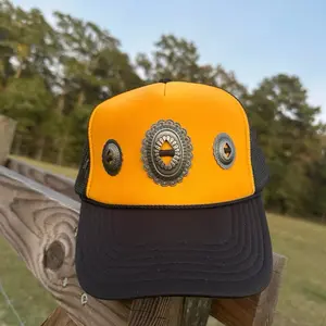 Black and Gold Concho Trucker Hat with Vibrant Yellow Front Panel and Classic Black Mesh Back