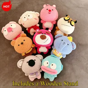 Crochet animal stuffed plush with extra wooden stand handmade amigurumi animal crochet toy crochet koala raccoon elephant pig fishman bear crochet plushies