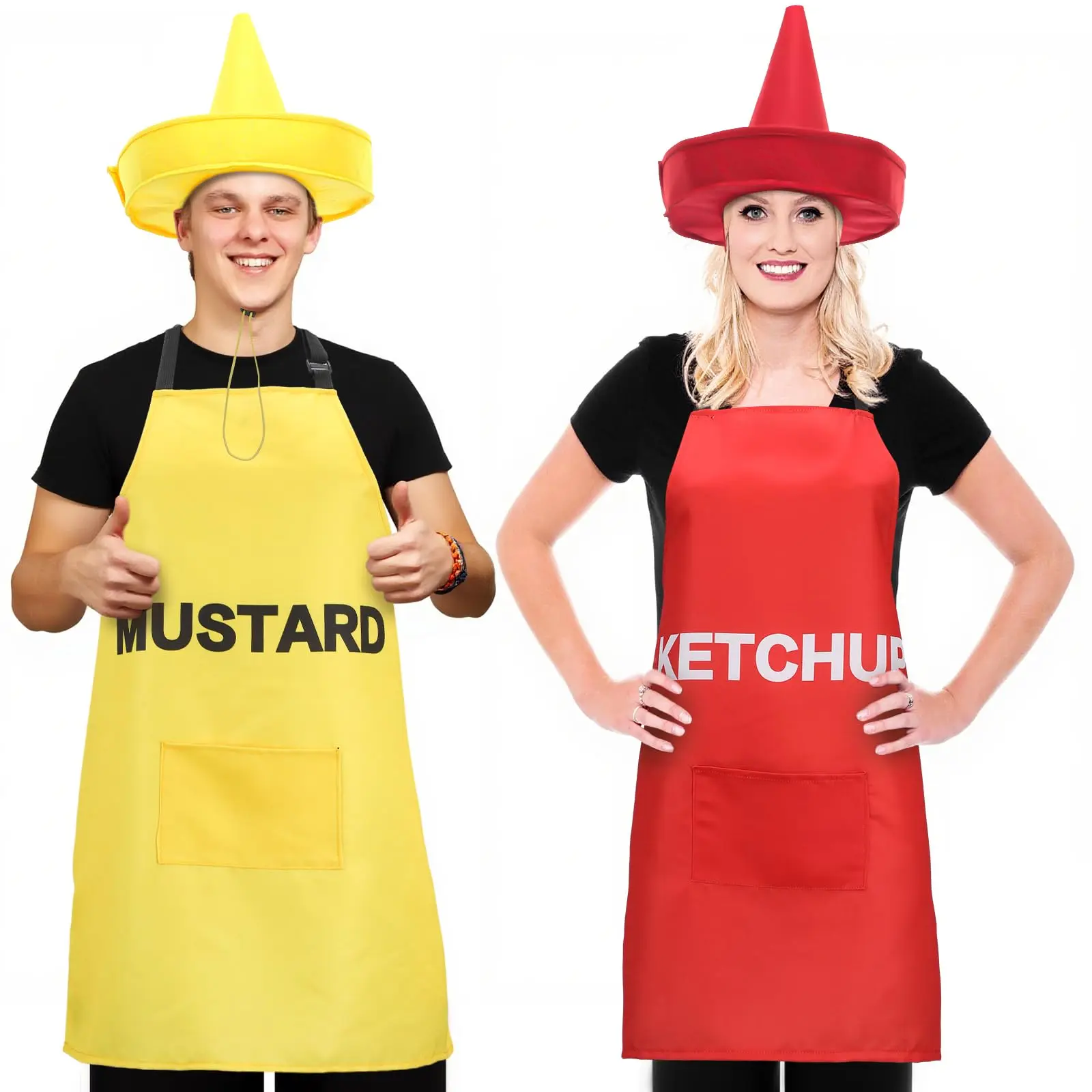 2 Pack Halloween Aprons Ketchup and Mustard Couples Costumes,Funny Condiment Aprons with Hats for Adults Couples Coworkers,Halloween Costumes for Halloween Cosplay Dress Up Themed Party