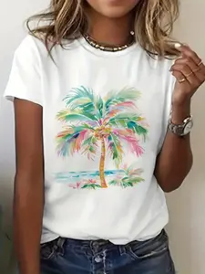 Women's Colorful Palm Tree Pattern T-Shirt - Perfect For Summer Beach Style - Available In Plus Sizes, Comfortable Cotton Fabric Suitable For Daily Wear, Ideal Gift For Relatives And Friends, Tops For Women, Vacation Outfits For Women