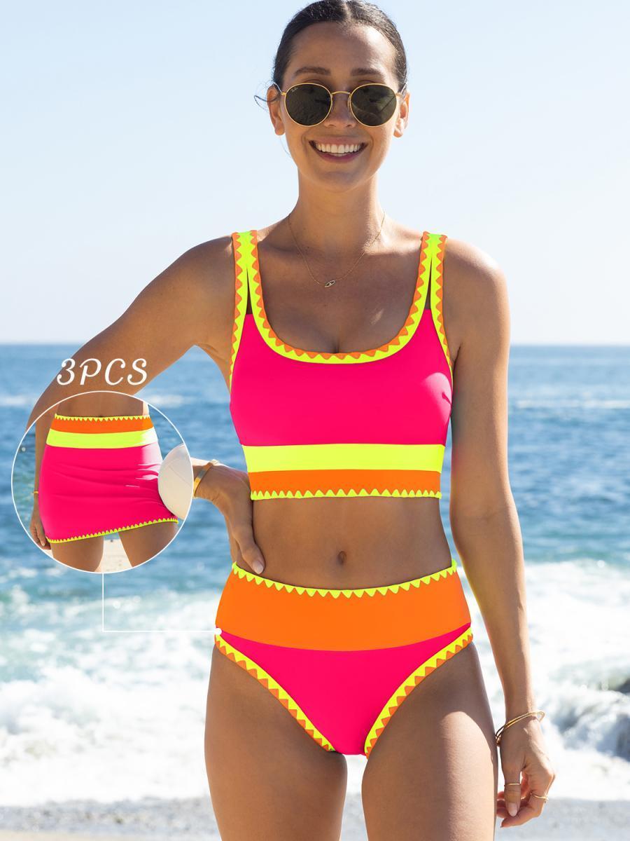 Beachball Kayaking 3 Piece Bikini Sets,Tummy Control & High Waisted Swimsuit with Adjustable Wide Shoulder Straps, Neon Color Sporty Swimsuit