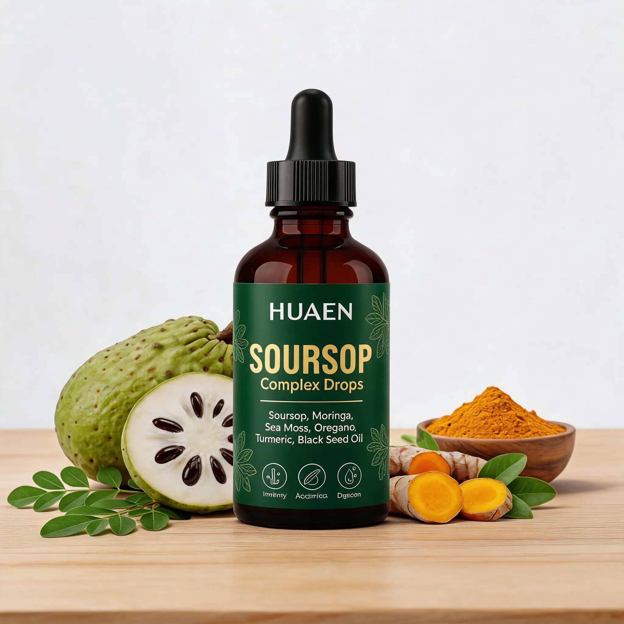 HUAEN Soursop Bitters Liquid Drops 10-in-1 with Nori Moringa Turmeric Black Seed Oil Oregano Ashwagandha Herbal Extracts for Overall Health Vegan Non-O 2 fl oz Healthcare Natural Dietary Supplement Fitness Edible Vitamin