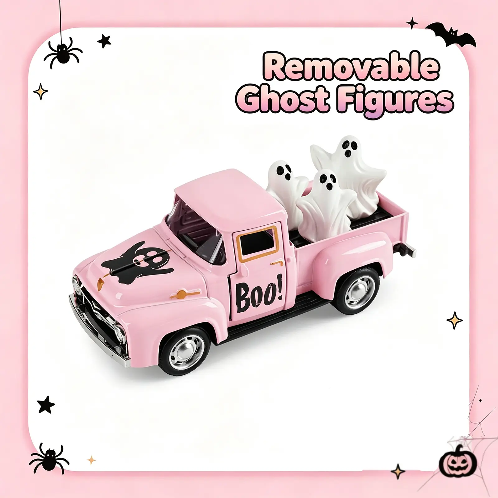 Halloween Tabletop Decorations - 6in Halloween Truck + 1in Movable Mini Cute Ghosts Decorations for Home Indoor, Cute Halloween Indoor Ghost Tiered Tray Decor Ornaments Gift