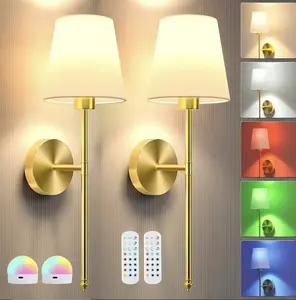 Battery Operated Wall Sconce Set of 2,Gold Rechargeable Wall Lights Bulbs and Remote, Wireless Wall Lamps for Bedroom Living Room Hallway Decor