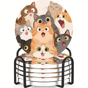 6-Piece Cat-Themed Ceramic Coasters Set, Non-Slip & Heat Resistant Drink Mats, Perfect Home Decor Gift for Coffee Lovers