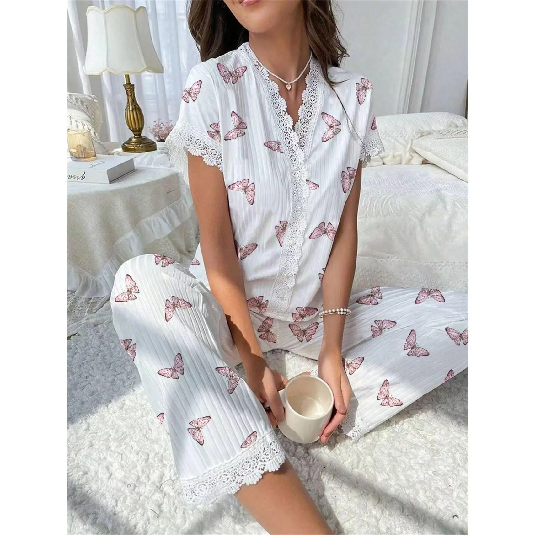White Cherry Casual Pajama Set Crew Neck Short Sleeve All - season Long Pants Fruit & Vegetable Pattern for Adults