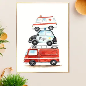 Room Decor 1pc Emergency Vehicles Canvas Print, Boys Room Decor, Fire Truck & Ambulance Wall Art, Fun Creative Poster for Home, Bedroom, Kitchen, Living Room, Bathroom, Hotel, Cafe, Office, Frameless, 12x16 inches