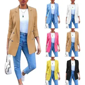 Trendy solid-color fashion lapel cardigan (2020), mid-length elegant blazer for women that can be worn over a raincoat