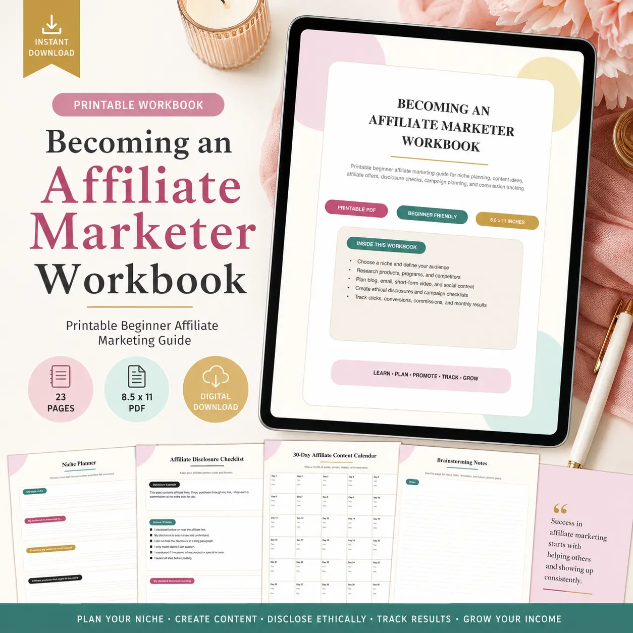 Becoming an Affiliate Marketer Workbook | Printable Affiliate Marketing Guide for Beginners, Content Planning & Commission Tracking