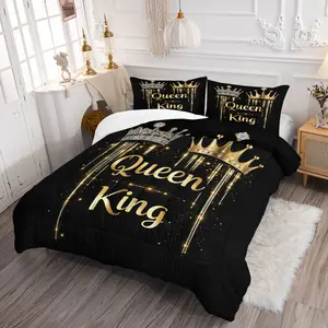 2/3Pcs Royal Queen King Crown Comforter Set, Bling Gold Glitter Quilt with Pillowcases (Pillows Not Included), Luxury Black & Gold Bedding Set for Bedroom & Dorm, All-Season Warmth, Romantic Royalcore Decor for Couples