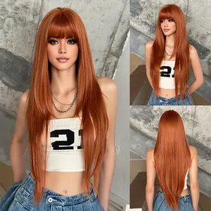 NAMM Long Straight Orange Wigs for Women Daily Cosplay Use with Neat Bangs Natural Looking Soft High Quality Synthetic Heat Resistant Fiber Wig