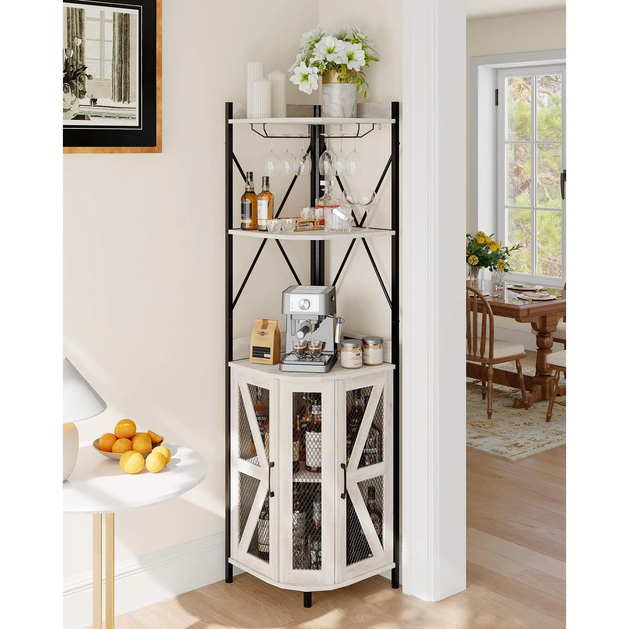 Garvee 72in Grey Corner Wine Cupboard Furniture - Modern End Cabinet with Cabinet Storage, Power Outlet, LED Strip, Mesh Door, Glass Holder, 5-Tier Bar Display, 51 lbs, Assembly Required, Labeled Parts for Home, Small Spaces