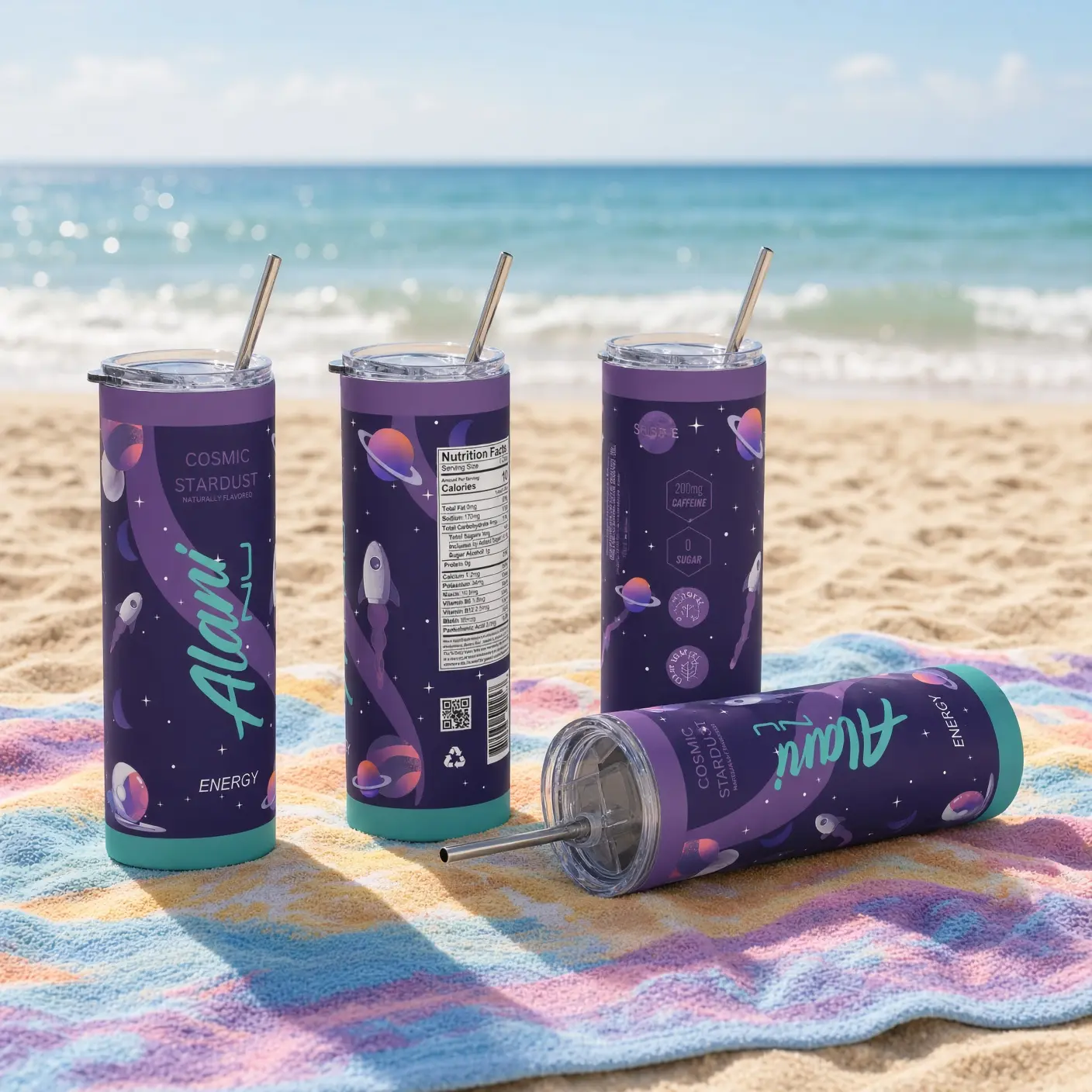 Alani Nu Cosmic Stardust Energy Drink 20oz Skinny Stainless Steel Tumbler, Purple Space Galaxy Travel Cup with Lid and Straw, Insulated Reusable Mug for Coffee Water, Cute Fitness Gift for Women, Gym Lovers, Work and Everyday Use