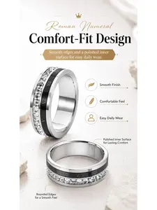 Stainless Steel Roman Numeral Anxiety Spinner Ring, Cubic Zirconia Inlaid Rotating Band, Three Tone Options, Hypoallergenic Unisex Fidget Ring for Men Women, Anti-Stress Everyday Wear Jewelry