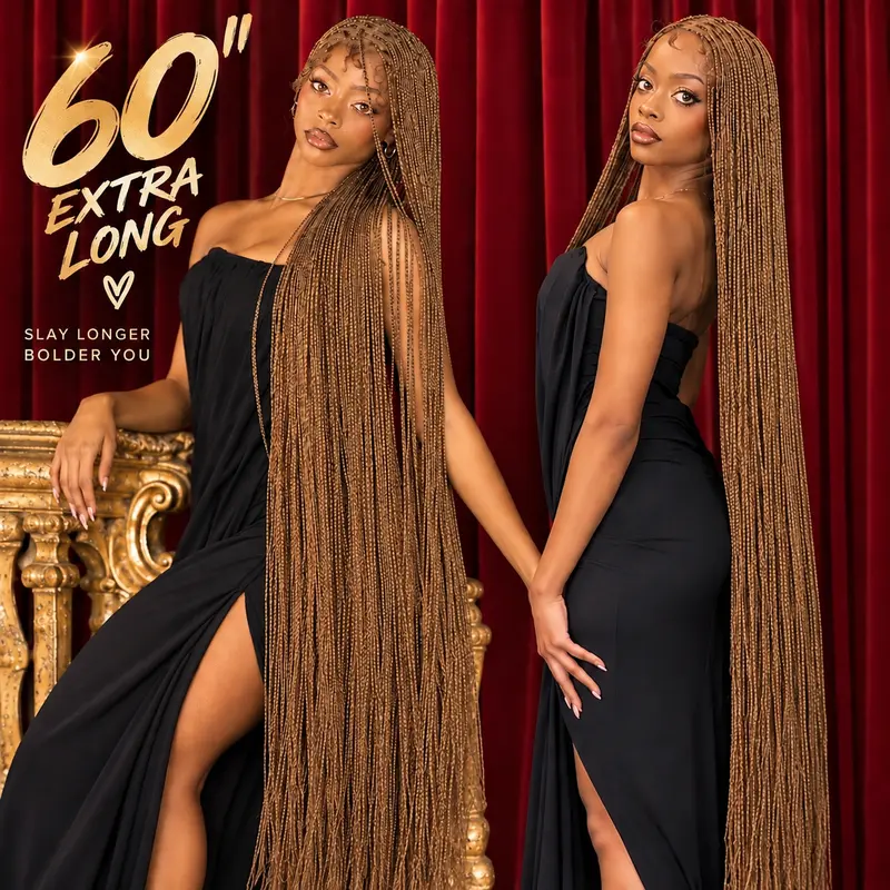 YMSgirl 60 Inch Knotless Box Braids Wig P30/27 Highlight | Handmade Full Lace Glueless Braided Wig with Baby Hair | Premium Synthetic Fiber | Lightweight Protective Style for Women, Ideal for Festival & Party