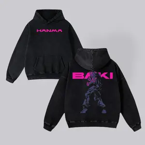 BAKI HANMA Classic Men's Washed Hoodie Sweatshirt Short Sleeve Printed Streetwear Fabric Anime Boxing Menswear Seamless Gift Fans