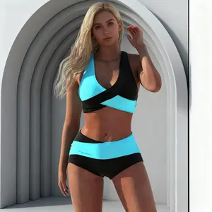 Women's 2-Piece Color Block Bathing Suit - Criss Cross, High Waisted, Y Push Up, Contrast Color, Tummy Control, V Neck Beachwear for Summer Resorts