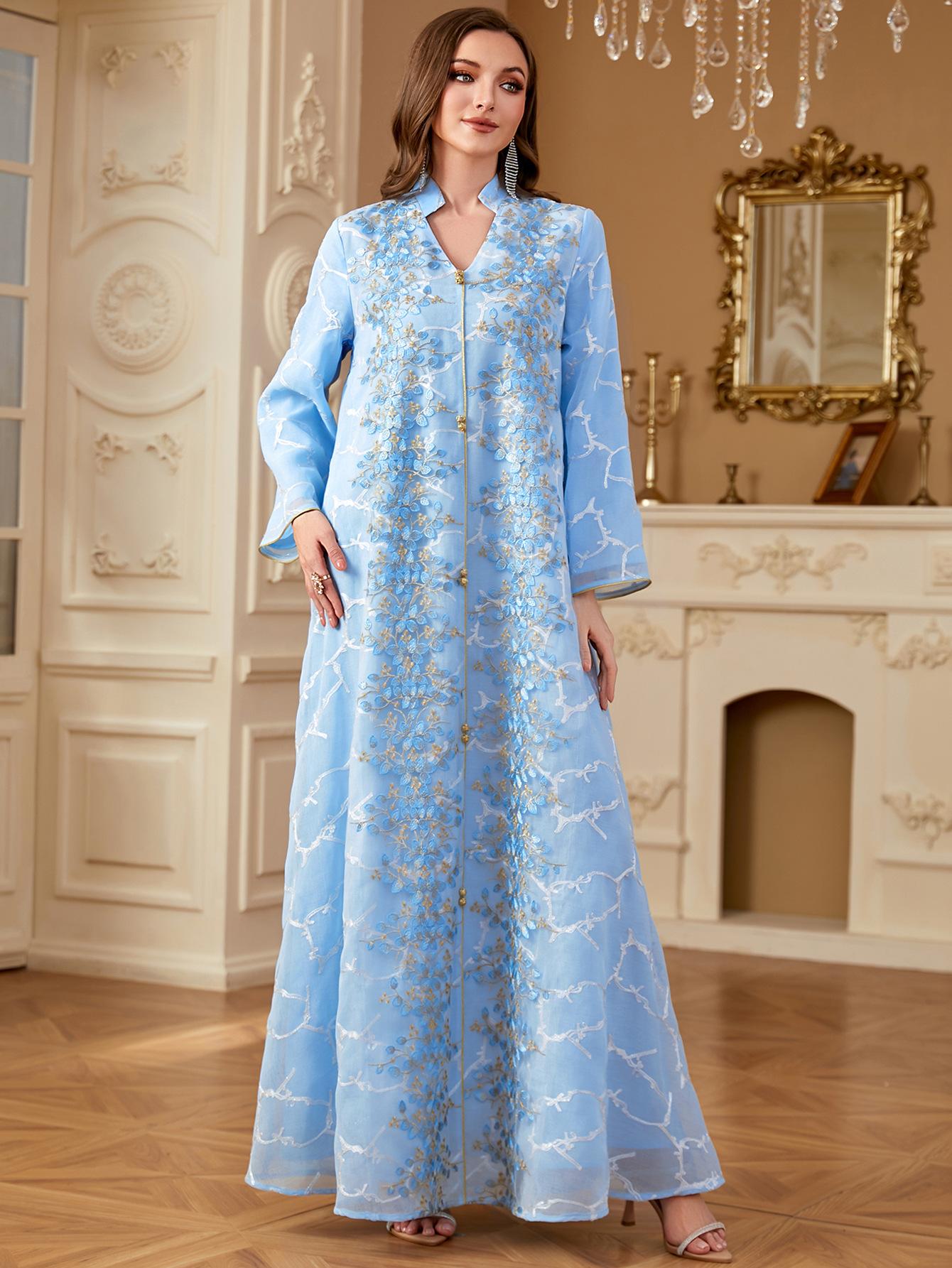 Ramadan Dubai Woman’s Abayas Embroidered Sequin Floral Patter V-Neck Elegant Casual Kebaya Muslim Long Dress