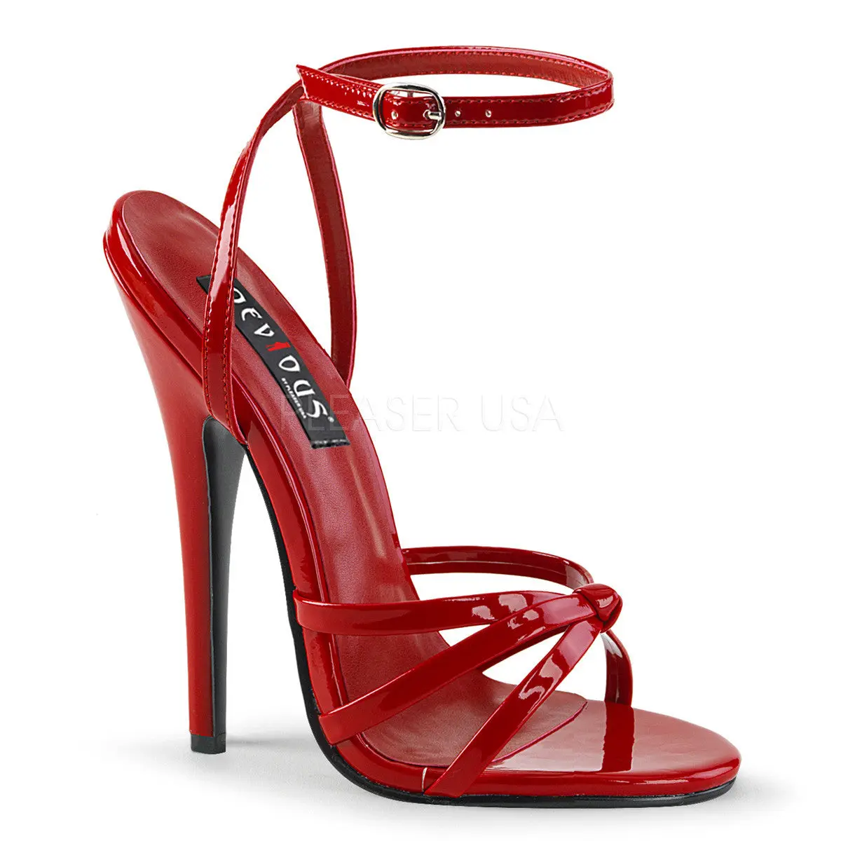 Women's Chic Patent Leather Stiletto Sandals - 6" (5-8 cm) High Heel, Ankle Wrap-Around Knotted Strap, Formal Evening Footwear, Rubber Sole DOMINA-108 Red Shoes