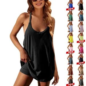 Tanming Women's Athletic Sleeveless Mini Dress with Built-in Shorts V Neck Spaghetti Strap Short Tennis Dress with Pockets Casual Mom Life Postpartum Style