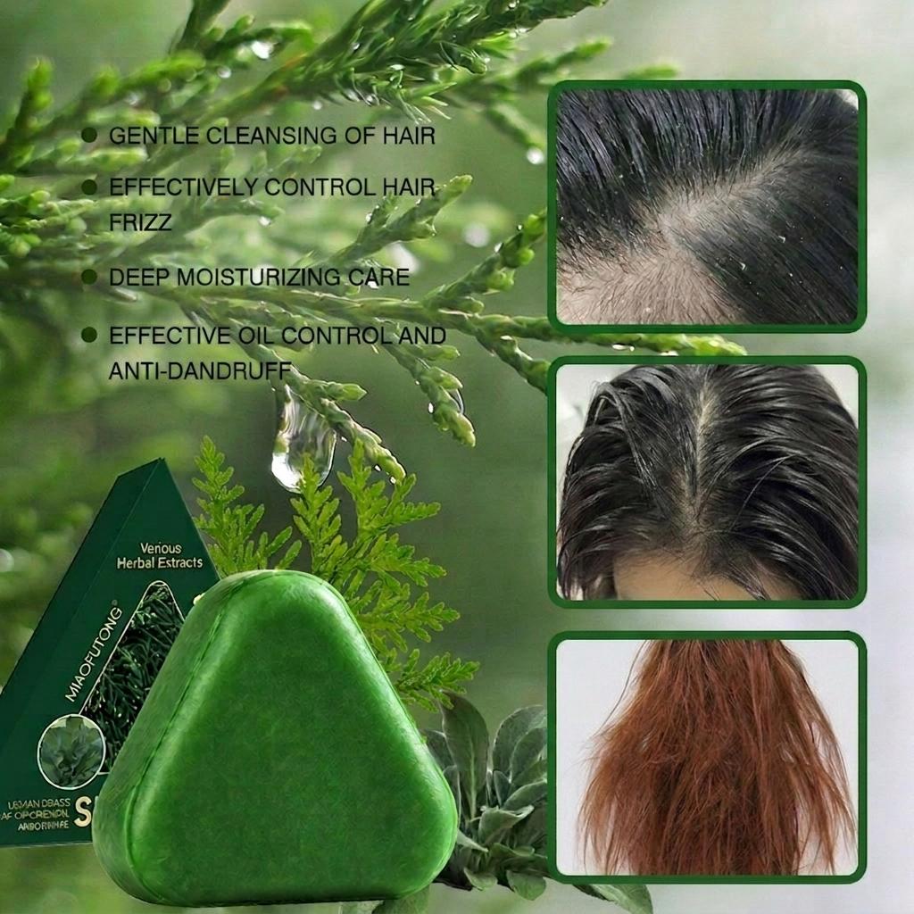 Miao Fu Tong Natural Triangular Shampoo Bar 120g - Seven-Green Soap Shampoo with Osmanthus Herbal Extracts for All Hair Types