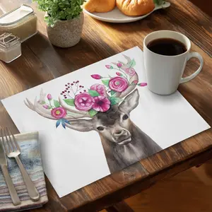 360 stand Elegant Nature-Inspired Floral Accent Deer Head Polyester Placemats - 14x18 in Rectangular Dining Table Placemats with Durability, Kitchen & Home Decor Set of 6 for Indoor Use, Tableware, Stylish