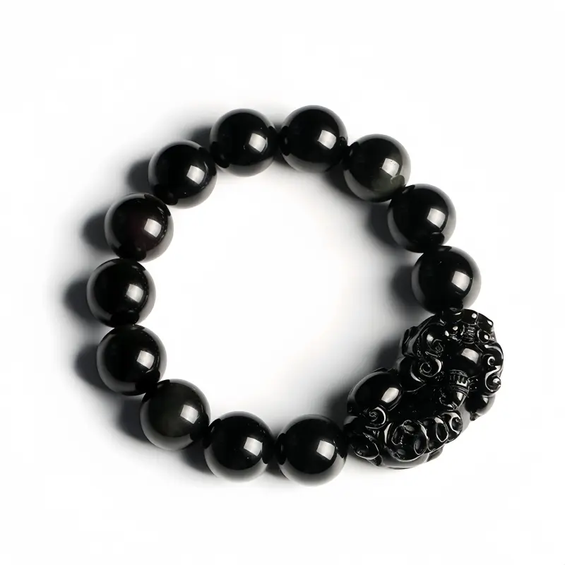 Male Adults' Round Pixiu Charm Bracelet - 14mm Natural Rainbow Eye Obsidian Beads - Unisex Fashion Jewelry
