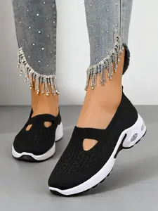 Women's Black Knit Cutout Slip-On Sneakers, Casual Platform Walking Shoes for Daily Wear Footwear