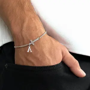 Stainless Steel Unisex Cuban Chain Bracelet for Men and Women Cross Bracelet with Initial Letter Charm