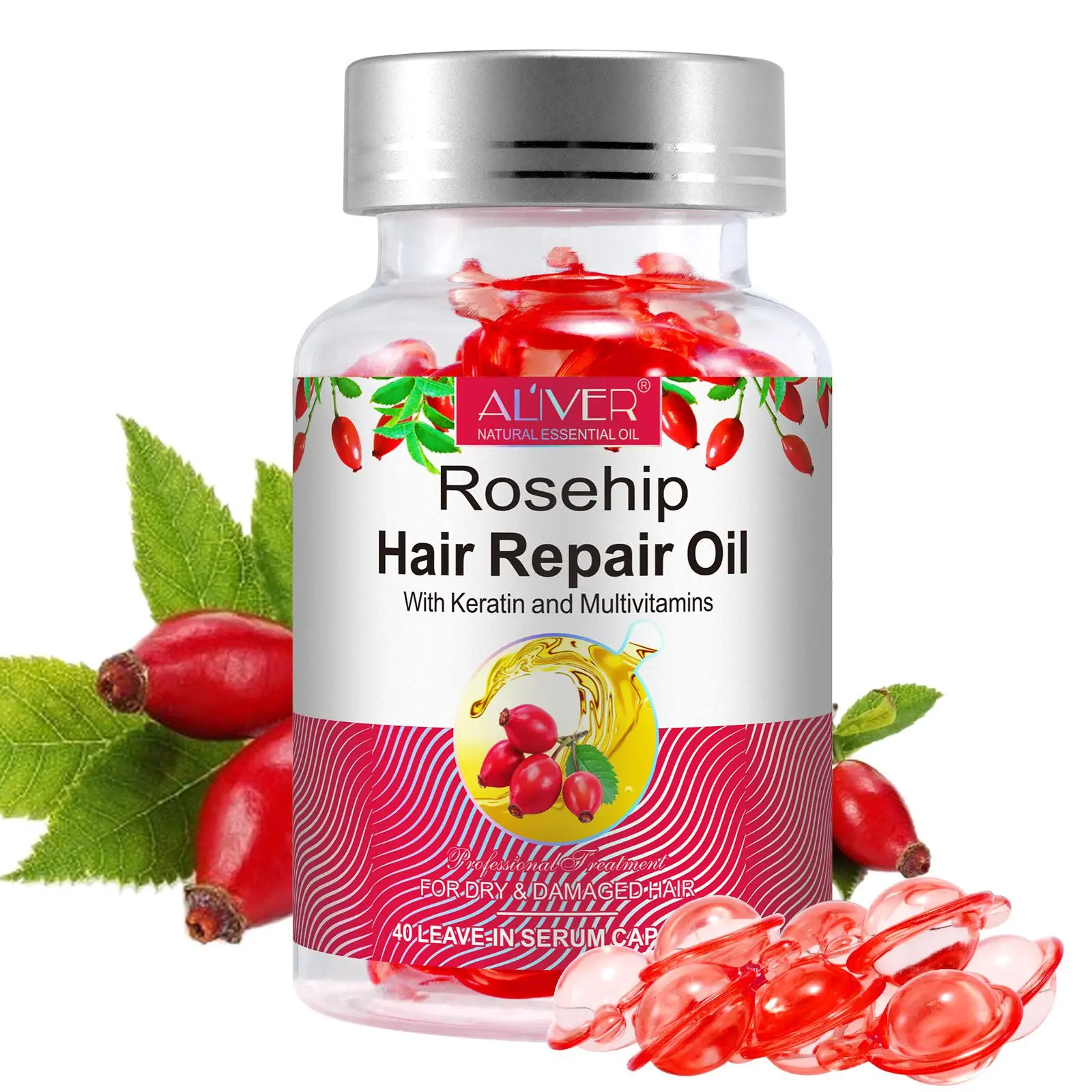 Aliver Rosehip Hair Repair Oil Capsules (40-Piece Pack) - Unisex Leave-In Haircare Serum with Keratin Blend, Multivitamins for Dry Hair, UK-Ready Storage Treatment, Haircare & Selfcare Solution campingessentials