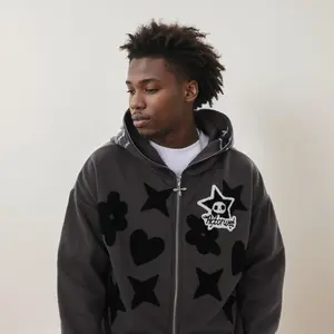 Men's Star Embroidered Hooded Sweatshirt zip hoodie Sweaters Menswear Tops cool jacket Pullover Long Sleeve Casual Pocket Wetsuit Crewneck