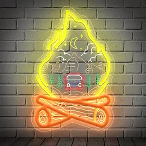 Camping Bonfire Neon Sign, Dimmable, Outdoor Camping LED Neon Sign Board, Bonfire Wall Decoration, Suitable for Bedrooms, Farms, Men's Caves, Birthday Gifts for Camping Enthusiasts