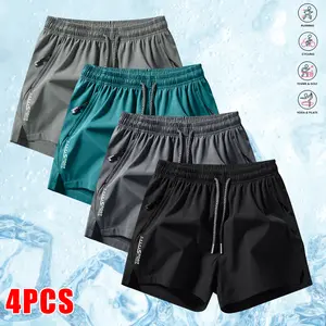 Men’s 4-piece set fitness shorts: 3-inch inseam shorts for brothers; split shorts running quick-dry, stretchy, tight workout pants for lifting/strength training and squats; beach shorts—men’s trendy style, suitable for gym and training.