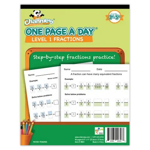 Channie's LLC 1-Page-a-Day Beginning Fractions Soft Cover Math Learning Book - Step-by-Step Visual Practice, 58 Pages Workbook Exercises, Math Problems for Grades 3-5 Elementary Education Learning Materials