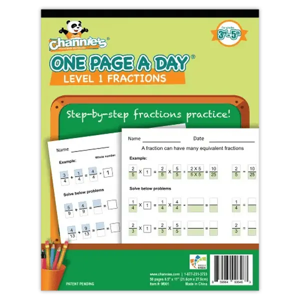 Channie's LLC 1-Page-a-Day Beginning Fractions Soft Cover Math Learning Book - Step-by-Step Visual Practice, 58 Pages Workbook Exercises, Math Problems for Grades 3-5 Elementary Education Learning Materials