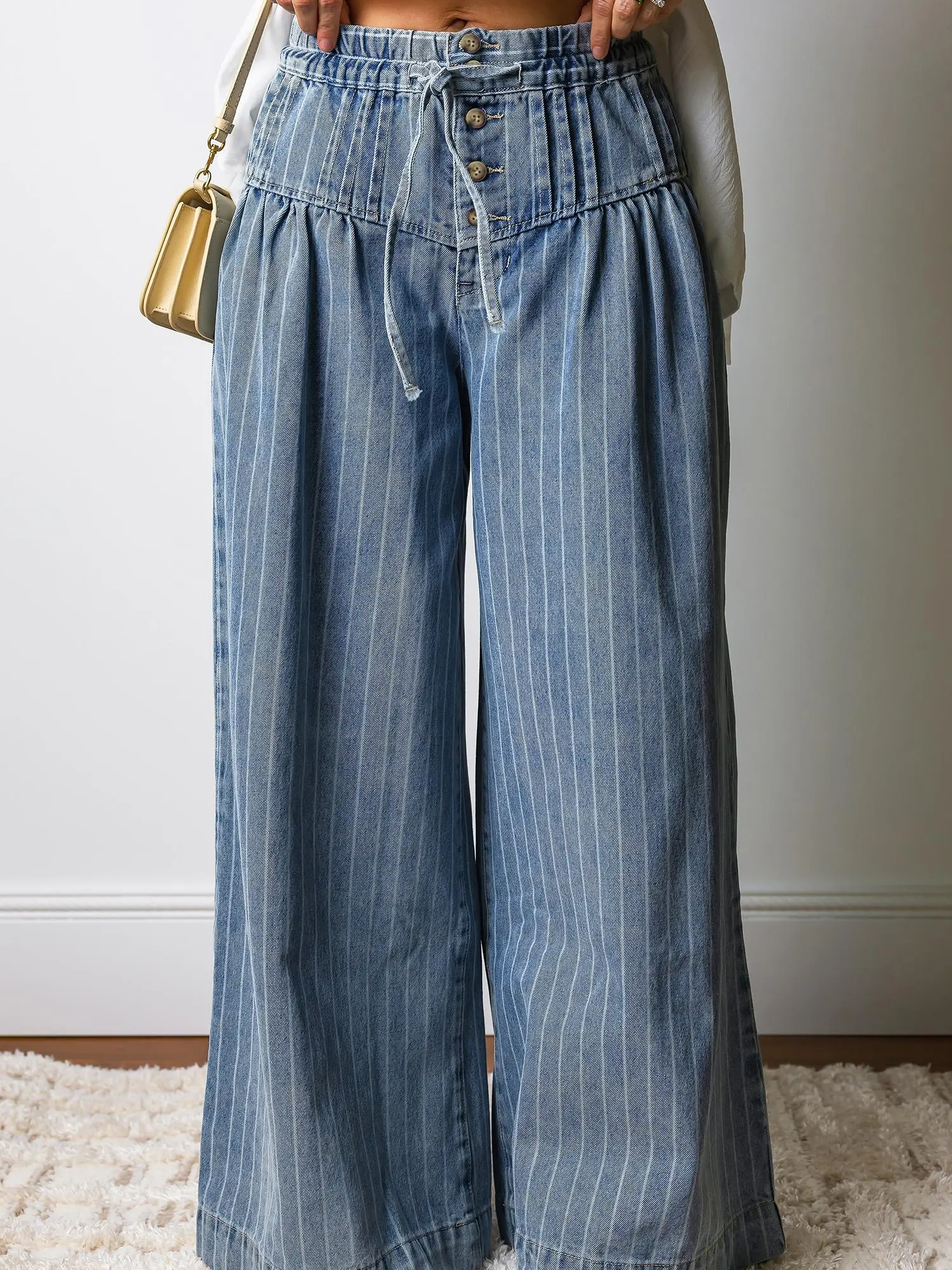 Casual Striped Wide Leg Jeans for Women, Baggy Denim Pants with a Drawstring Waist and Pleated Button Details for an Everyday Vibe, Trending, Denim Love, Loose-Leg Jeans, Drawstring Denim Jeans, Easy Fits