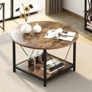 Round Coffee Table For Living Room,Rustic Circle Coffee Table With Storage Shelf, 2-Tier Industrial Modern Coffee Table Center Table For Living Room Easy To Assemble, Brown