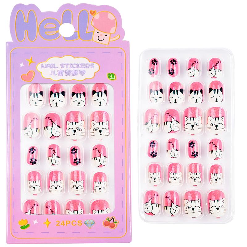 24Pcs/Box Children False Nails Kids Cartoon Girl Press on Nail Short Artificial Fake Nail Safe Full Cover Acrylic Nail Tips Kits