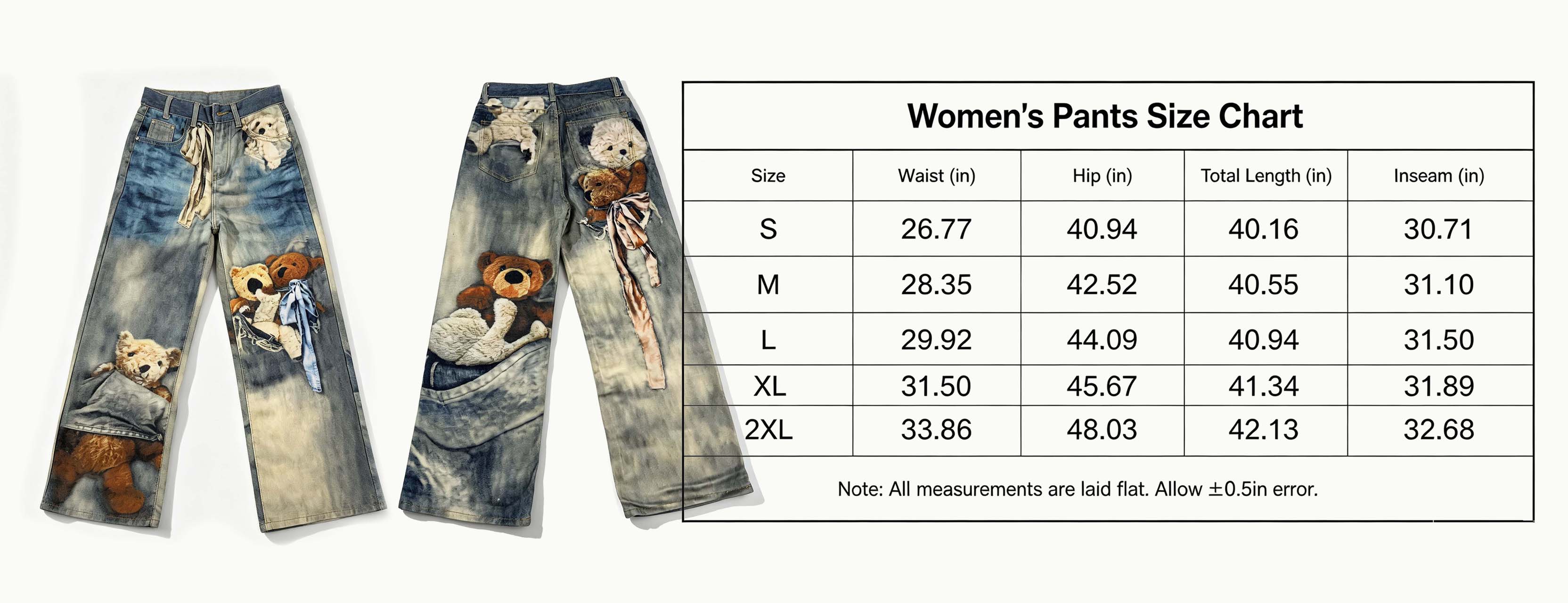 Y2K Vintage Bear Print Wide Leg Jeans High Waisted Tie Dye Gradient Denim Pants 3D Teddy Graphic Ribbon Detail Flattering For Pear Shape Alt Girl Streetwear Festival Daily Outfit