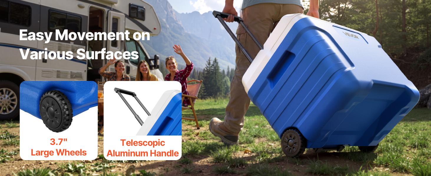 VEVOR 45QT Portable Rolling Hard Cooler with Wheels, Leak-Resistant Heat Insulating Coolbox, 48-Hour Ice Retention, Lightweight Durable Coolers & Cool Bags, Heavy Duty Protection for Campfire-BBQ Party, Food & Beverage#BackToSchool