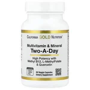 California Gold Nutrition Multivitamin and Mineral with Methyl B12, Vitamin C, L-MethylFolate and Quercetin, Two-A-Day, 60 Veggie Capsules